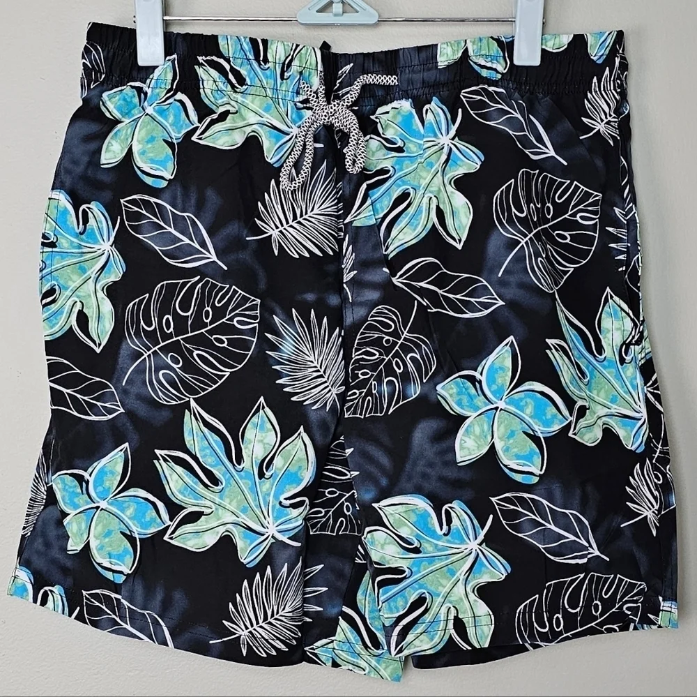 Men's Quick Dry Tropical Beach Shorts Swimsuit Swimwear Swim Trunks, Black/Teal